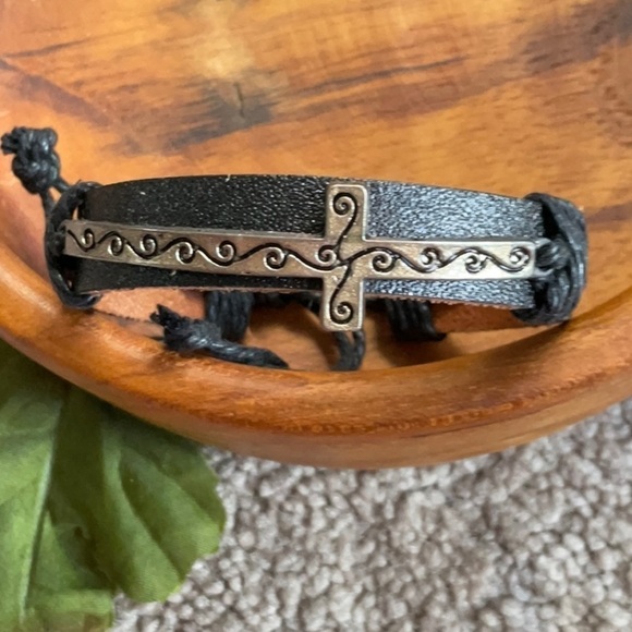 TWO LEATHER BLESSED CROSS ADJUSTABLE BRACELETS - Picture 2 of 5